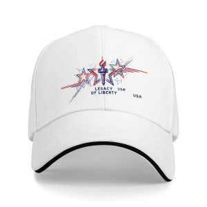 White sandwich baseball cap with the full clear star-and-torch “Legacy of Liberty USA” print, studio shot.