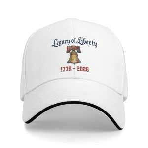 White sandwich baseball cap with the full clear watercolor Liberty Bell and “Legacy of Liberty 1776-2026” print, studio shot.