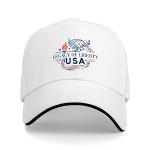 White sandwich baseball cap with the full clear watercolor Liberty Bell and “Legacy of Liberty 1776-2026” print, studio shot.