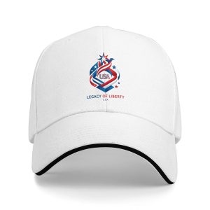 White sandwich baseball cap with the full clear ribbon-and-star “Legacy of Liberty USA” print, studio shot.