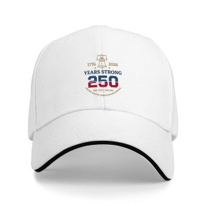 White sandwich baseball cap with the full clear Liberty Bell and “1776-2026 Years Strong 250” print, studio shot.