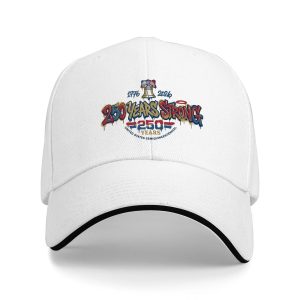 White sandwich baseball cap with the full clear graffiti-style “250 Years Strong” print, Liberty Bell, and “1776-2026” text, studio shot.