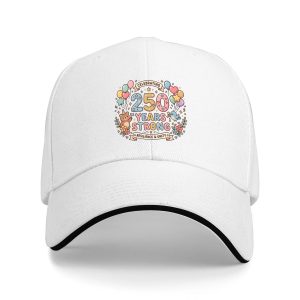 White sandwich baseball cap with the full clear cute cartoon “250 Years Strong” print, balloons, and “Resilience & Unity” banner, studio shot.