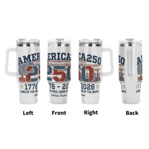 360° view of the 40oz insulated tumbler, showing the full wrap-around patriotic print including “1776-2026”, “Land of the Free Home of the Brave”, eagle graphics, and iconic American buildings.