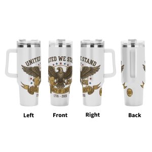 360° view of the 40oz insulated tumbler, showing the full wrap-around patriotic print including the eagle graphic, "United We Stand" text, "Legacy of Liberty" banner, "1776-2026" lettering, and "Celebrate America" emblem.