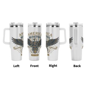 360° view of the 40oz insulated tumbler, showing the full wrap-around patriotic print including the eagle, "AMERICA WE THE PEOPLE" text, "250" emblem, "1776-2026" lettering, "Land of the Free / Home of the Brave" slogans, Liberty Bell, and stars.