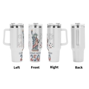 360° view of a 40oz white insulated tumbler, showing a full-wrap watercolor patriotic print with the Statue of Liberty, fireworks, red and blue stars, “CELEBRATE FREEDOM” text, and “250” emblem, from left, front, right, and back angles.