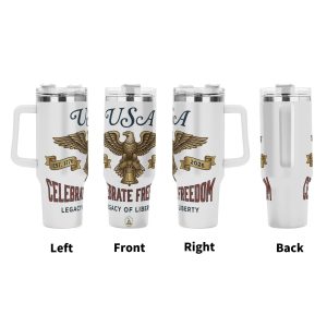 360° view of the 40oz insulated tumbler, showing the full wrap-around patriotic print including the golden eagle, “USA” lettering, “CELEBRATE FREEDOM” text, “EST. 1776/2026” banners, “LEGACY OF LIBERTY” details, and Liberty Bell.