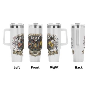 360° view of the 40oz insulated tumbler, showing the full wrap-around patriotic print including “CELEBRATE FREEDOM” lettering, bald eagle, American flag, Liberty Bell, “Don’t Tread on Me” flag, fireworks, and “1776-2026” banner.