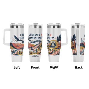 360° view of the 40oz insulated tumbler, showing the full wrap-around patriotic print including “LIBERTY & COMMUNITY” text, “WE THE PEOPLE” banner, eagle, landmarks, and “1776-2026” details.