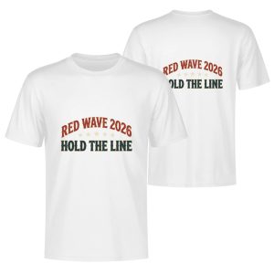 Front and back views of the "RED WAVE 2026 HOLD THE LINE" t-shirt in white.