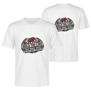 White double-sided print t-shirt for the 2026 US Midterm Election, featuring a vintage-style Republican elephant graphic, "HOLD THE LINE RED WAVE 2026" slogan, and "FAITH · FAMILY · FREEDOM" text.