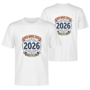 Front and back views of the white t-shirt displaying the double-sided print.