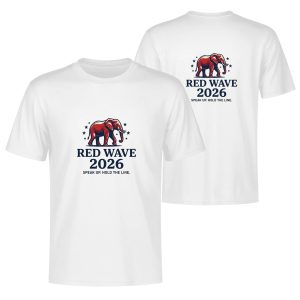 White double-sided print t-shirt for the 2026 US Midterm Election, featuring a stylized red Republican elephant graphic surrounded by stars, with bold "RED WAVE 2026" text and the slogan "SPEAK UP. HOLD THE LINE."