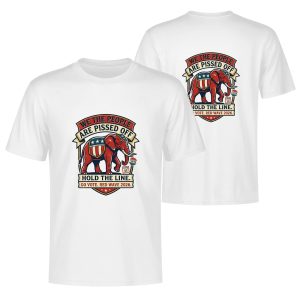 White double-sided print t-shirt for the 2026 US Midterm Election, featuring a vintage-style Republican elephant badge with "WE THE PEOPLE ARE PISSED OFF", "HOLD THE LINE", and "GO VOTE. RED WAVE 2026" text, paired with an American flag-themed elephant and "I VOTED" badge.