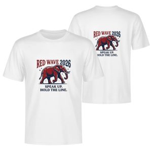 White double-sided print t-shirt for the 2026 US Midterm Election, featuring a stylized red Republican elephant graphic surrounded by stars, paired with bold "RED WAVE 2026" text and the slogan "SPEAK UP. HOLD THE LINE."