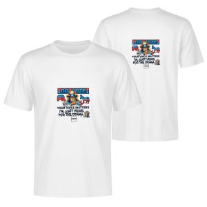White double-sided print t-shirt for the 2026 US Midterm Election, featuring a humorous "GO VOTE" graphic with Uncle Sam, Republican elephant, Democratic donkey, popcorn, and the slogan "YOUR VOICE MATTERS I’M JUST HERE FOR THE DRAMA".