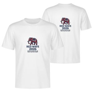 White double-sided print t-shirt for the 2026 US Midterm Election, featuring a stylized Republican elephant graphic with an American flag-patterned blanket, paired with "RED WAVE 2026" text and the slogans "SPEAK UP. HOLD THE LINE. MAKE YOUR VOTE COUNT."
