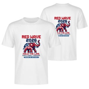 White double-sided print t-shirt for the 2026 US Midterm Election, featuring a retro 8-bit pixel-style Republican elephant graphic, paired with "RED WAVE 2026" text and the slogans "HOLD THE LINE. FAITH, FAMILY, FREEDOM. SPEAK UP. GO VOTE."
