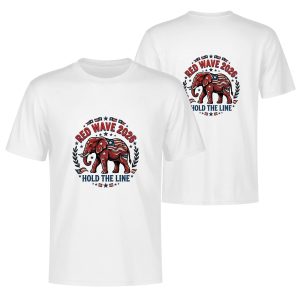 White double-sided print t-shirt for the 2026 US Midterm Election, featuring a vintage-style Republican elephant badge with American flag details, paired with "RED WAVE 2026" text and the slogan "HOLD THE LINE", surrounded by patriotic stars and laurel wreaths.