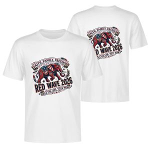 White double-sided print t-shirt for the 2026 US Midterm Election, featuring a tattoo-style Republican elephant graphic with American flag details, paired with "FAITH, FAMILY, FREEDOM" and "RED WAVE 2026" text, plus the slogan "HOLD THE LINE. VOTE NOW."