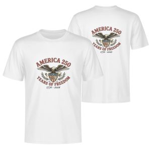 White double-sided print t-shirt celebrating America's 250th anniversary (1776-2026), featuring a vintage bald eagle graphic with an American flag shield, paired with "AMERICA 250 YEARS OF FREEDOM" text and the years "1776-2026".