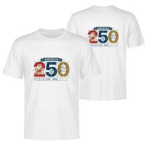 White double-sided print t-shirt celebrating America's 250th anniversary (1776-2026), featuring a retro typographic "250" graphic with "WE THE PEOPLE", "LAND OF THE FREE", "HOME OF THE BRAVE", and "AMERICA" text.