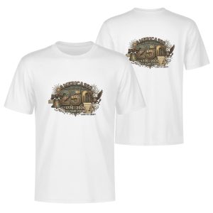 White double-sided print t-shirt celebrating America's 250th anniversary (1776-2026), featuring a vintage industrial-style "250" graphic with the Liberty Bell, bald eagle, and Constitution scroll, paired with "AMERICA 250", "250 YEARS STRONG", and "LEGACY OF LIBERTY" text.