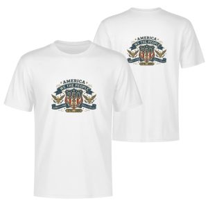 White double-sided print t-shirt celebrating America's 250th anniversary (1776-2026), featuring a vintage-style shield graphic with "250", the Liberty Bell, and two bald eagles, paired with "AMERICA WE THE PEOPLE" and "LAND OF THE FREE, HOME OF THE BRAVE" text.
