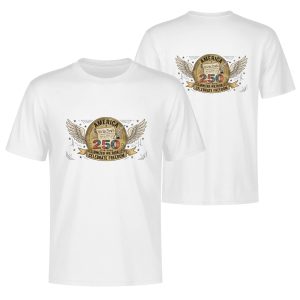 White double-sided print t-shirt celebrating America's 250th anniversary (1776-2026), featuring a vintage-style circular graphic with "AMERICA 250", the Constitution scroll, and outstretched wings, paired with "UNITED WE RISE" and "CELEBRATE FREEDOM" text.