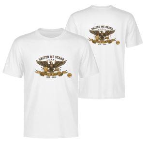 White double-sided print t-shirt celebrating America's 250th anniversary (1776-2026), featuring a vintage-style bald eagle graphic with outstretched wings, paired with "UNITED WE STAND", "LEGACY OF LIBERTY", and "1776-2026" text.