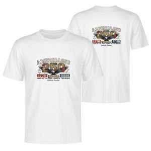 White double-sided print t-shirt celebrating America's 250th anniversary (1776-2026), featuring a vintage-style "250" graphic with red, white, and blue colors, a bald eagle, and the Liberty Bell, paired with "AMERICA 250", "1776-2026", and "LAND OF THE FREE, HOME OF THE BRAVE" text.