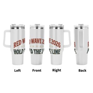 White tumbler with "Red Wave 2026" print, shown from left, front, right, and back angles.