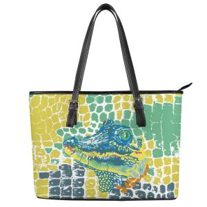 Vibrant Graffiti Crocodile Print Large Tote Bag, colorful alligator head design with crocodile scale pattern, black leather shoulder straps, stylish daily handbag