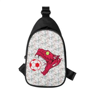 2026 World Cup Red Dinosaur Skull & Soccer Print Sling Bag, bold graphic design with circle pattern background, black adjustable strap crossbody bag for football fans