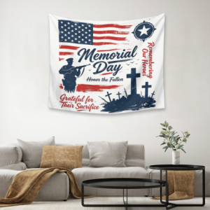Memorial Day tapestry wall decor with "Remembering Our Heroes" and "Grateful for Their Sacrifice" lettering, displayed in a living room.