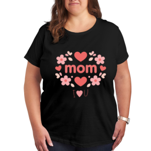Plus size black women’s t-shirt featuring "mom" text with pink floral & heart wreath and "I ❤️ U" print, casual crewneck tee for Mother’s Day