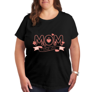 Plus size black women’s t-shirt with "MOM I LOVE YOU" pink line art print, featuring hearts, flowers and ribbon accents, casual crewneck tee for Mother’s Day