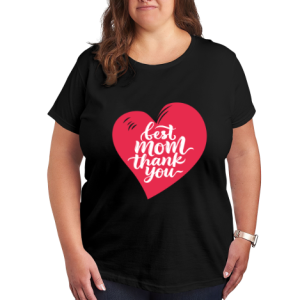 Plus size black women’s t-shirt featuring a red heart print with "best mom thank you" white cursive lettering, casual crewneck tee for Mother’s Day