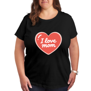 Plus size black women’s t-shirt featuring a red heart print with "I love mom" white lettering, casual crewneck tee for Mother’s Day
