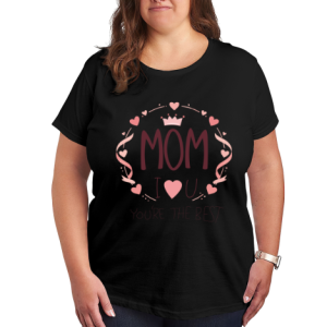 Plus size black women’s t-shirt featuring "MOM I ❤️ U YOU'RE THE BEST" print with pink hearts, crown and ribbon accents, casual crewneck tee for Mother’s Day