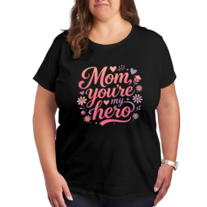 Plus size black women’s t-shirt featuring "Mom, you're my hero" print in pink-to-purple gradient cursive with floral and heart accents, casual crewneck tee for Mother’s Day