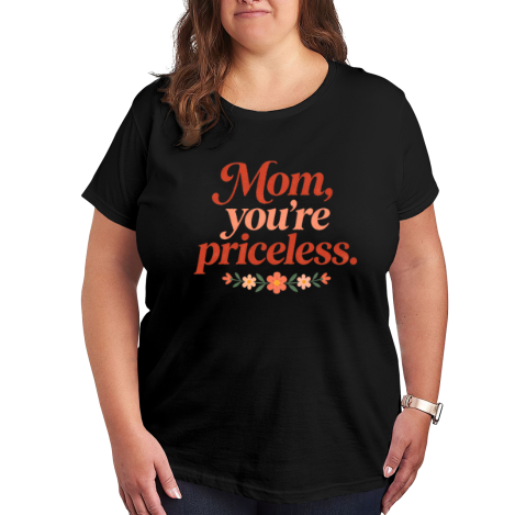 Plus size black women’s t-shirt featuring "Mom, you're priceless" print in terracotta-to-peach gradient lettering, with a row of small flowers and leaves below, casual crewneck tee for Mother’s Day