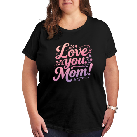 Plus size black women’s t-shirt featuring "Love you, Mom!" print in pink-to-purple gradient cursive lettering, accented with delicate floral and swirl details, casual crewneck tee for Mother’s Day