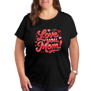 Plus size black women’s t-shirt featuring "Love you, Mom!" print in red gradient cursive lettering, accented with hearts, stars and small flowers, casual crewneck tee for Mother’s Day