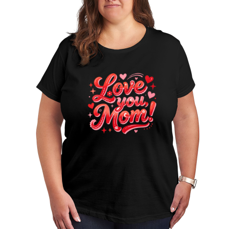 Plus size black women’s t-shirt featuring "Love you, Mom!" print in red gradient cursive lettering, accented with hearts, stars and small flowers, casual crewneck tee for Mother’s Day