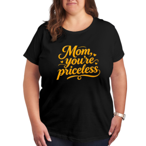 Plus size black women’s t-shirt featuring "Mom, you're priceless" print in bright golden cursive lettering, accented with tiny hearts and swirl flourishes, casual crewneck tee for Mother’s Day