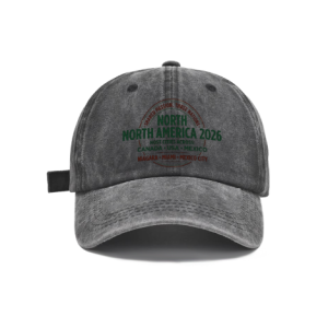 Dark gray vintage washed cotton adjustable dad hat, front circular‑frame green‑red “North America 2026 Shared Passion Three Nations” typography print with host‑city slogans, retro faded finish, casual 2026 World Cup sports baseball cap flat lay
