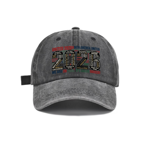 Dark gray vintage washed cotton adjustable dad hat, front large‑number word‑cloud typography print “2026 United North America United It’s Called Soccer We Are 26”, multi‑color stacked soccer‑fan slogans, retro faded finish, casual 2026 World Cup sports baseball cap flat lay