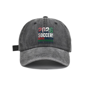 Dark gray vintage washed cotton adjustable dad hat, front vertical stacked multi‑color typography print reading “2026 It’s Called Soccer! 2026 United North America Global Celebration”, retro faded finish, casual 2026 World Cup sports baseball cap flat lay